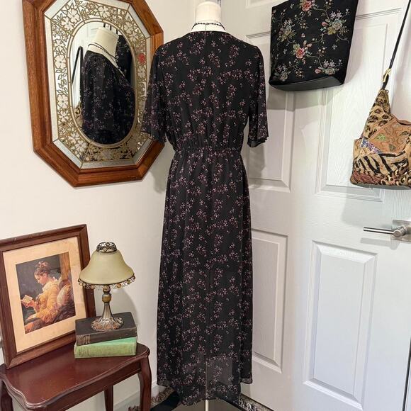 Twik by Simons Black & Pink Floral Pattern Flutter Sleeve Dark Femme Maxi Dress - Picture 5 of 8